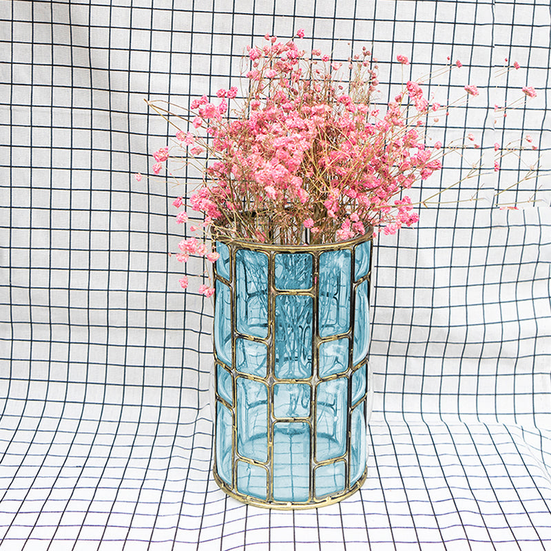 Blue Glass Flower Vase Gold Metal Pattern Home Decor 11x11x23cm Indoor Outdoor