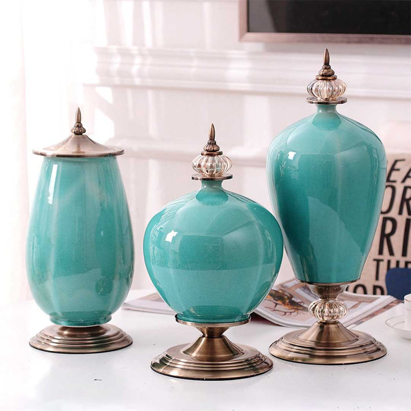 Ceramic Oval Flower Vase Gold Metal Base 42.5cm Dark Blue Home Decor