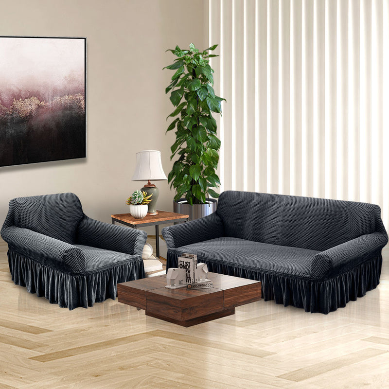 1-Seater Dark Grey High Stretch Ruffle Skirt Polyester Sofa Cover Protector