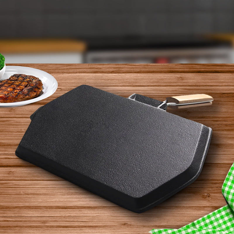 Rectangular Cast Iron Grill Pan 21x35cm Ridged Folding Wood Handle Black