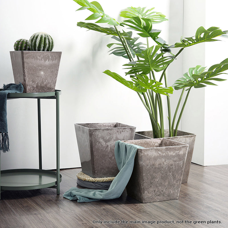 2X 27cm Sand Grey Square Resin Tapered Planter Concrete Look Home Office