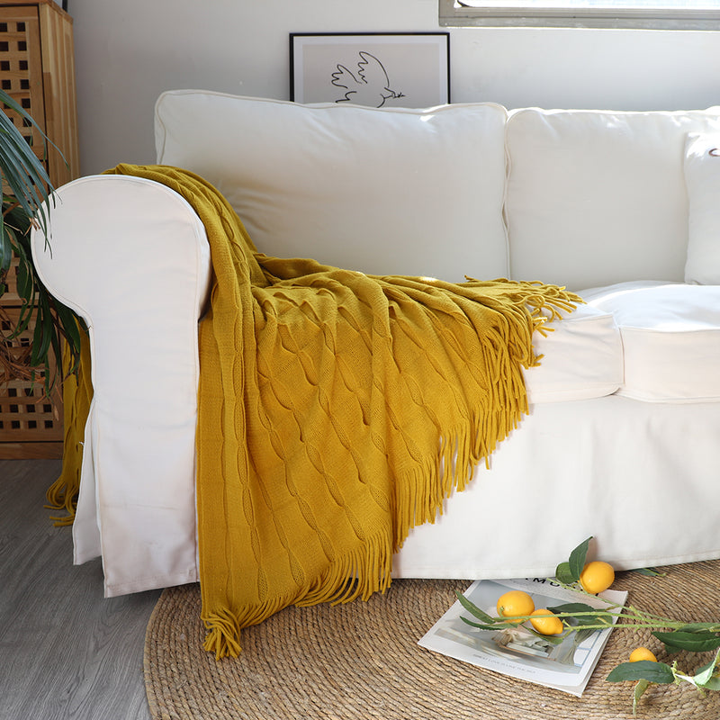Mustard Knitted Throw Blanket Acrylic 130cmx170cm Textured Tassels Cozy