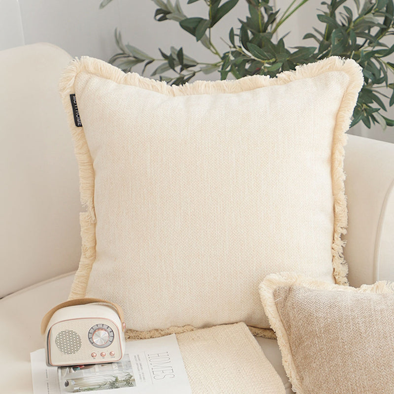 Throw Pillow Velvet Chenille Square 45cm Tassel Cream Plush