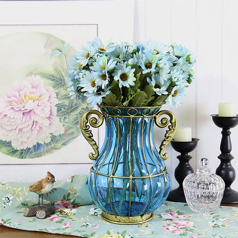 Blue Glass Flower Vase Two Metal Handles Gold Accents 10cm x 14cm x 26cm