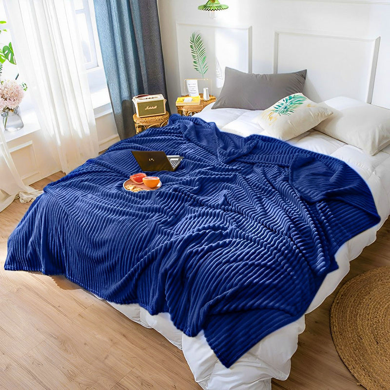 2X Blue Thin Flannel Throw Blanket 200x230cm Warm Cozy Striped Pattern Fleece