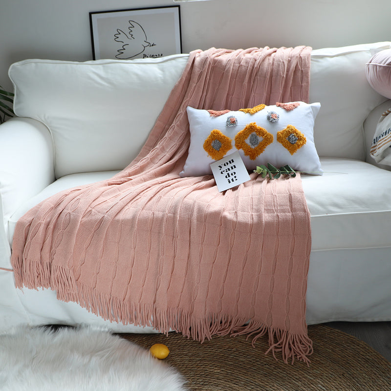 Pink Textured Knitted Throw Blanket Acrylic 130x170cm Cozy Fringes Home Decor