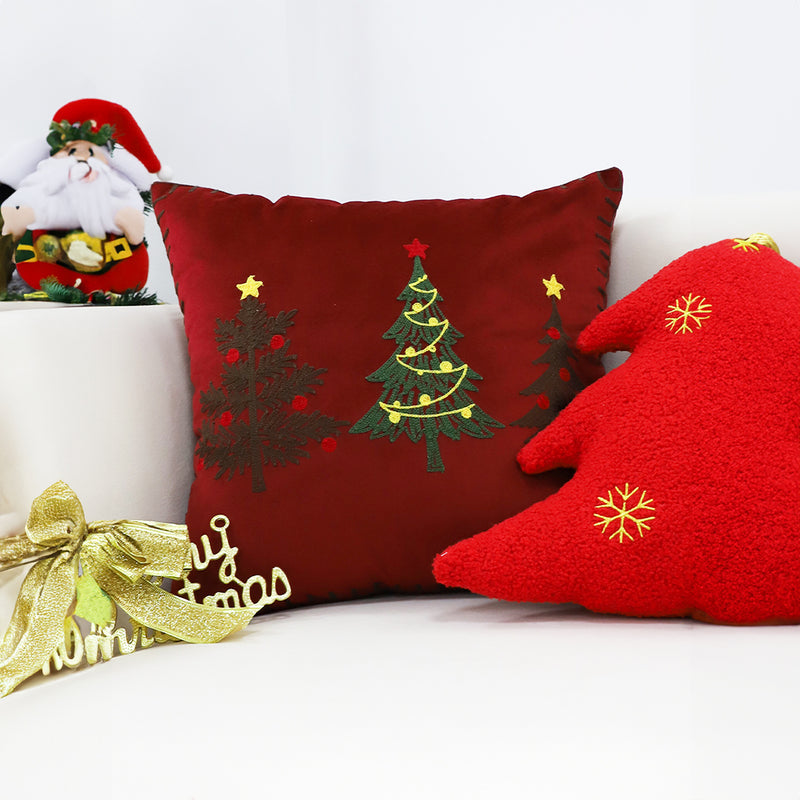 2X Burgundy Red Plush Square Throw Pillow 45cm Embroidered Christmas Trees