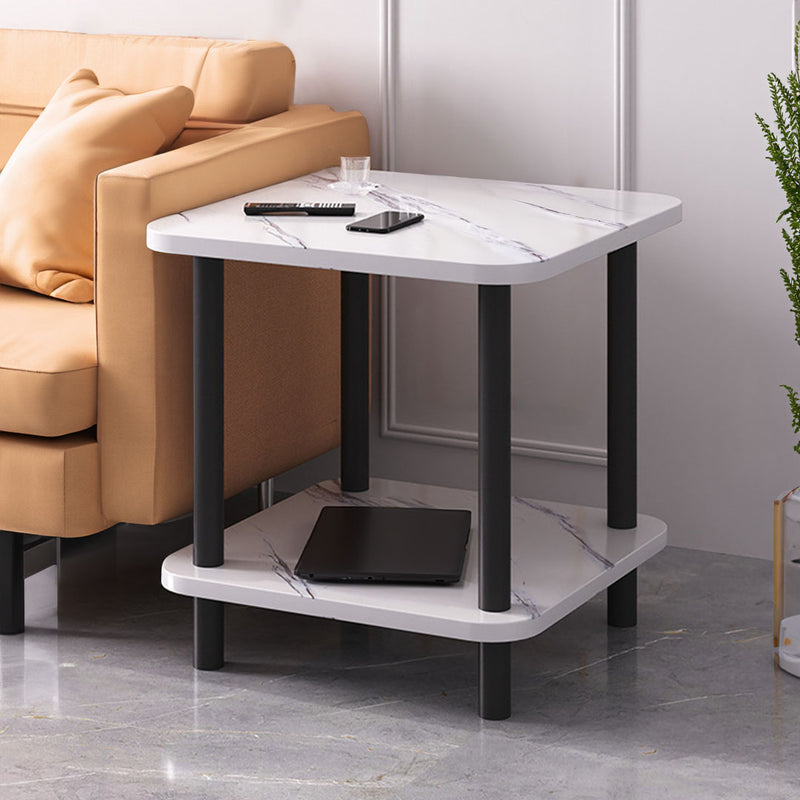 70x70x53cm White Ceramic Side Table Stone Pattern Black Metal Legs