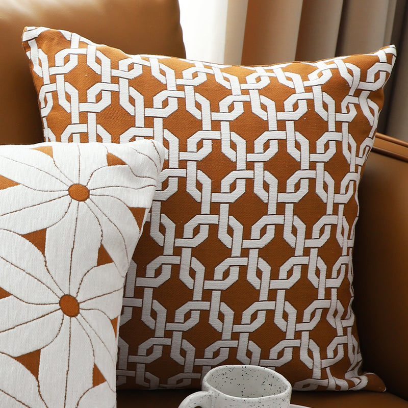 Brown Checkered Chain Jacquard Square Throw Pillow Polyester Cotton 50x50cm