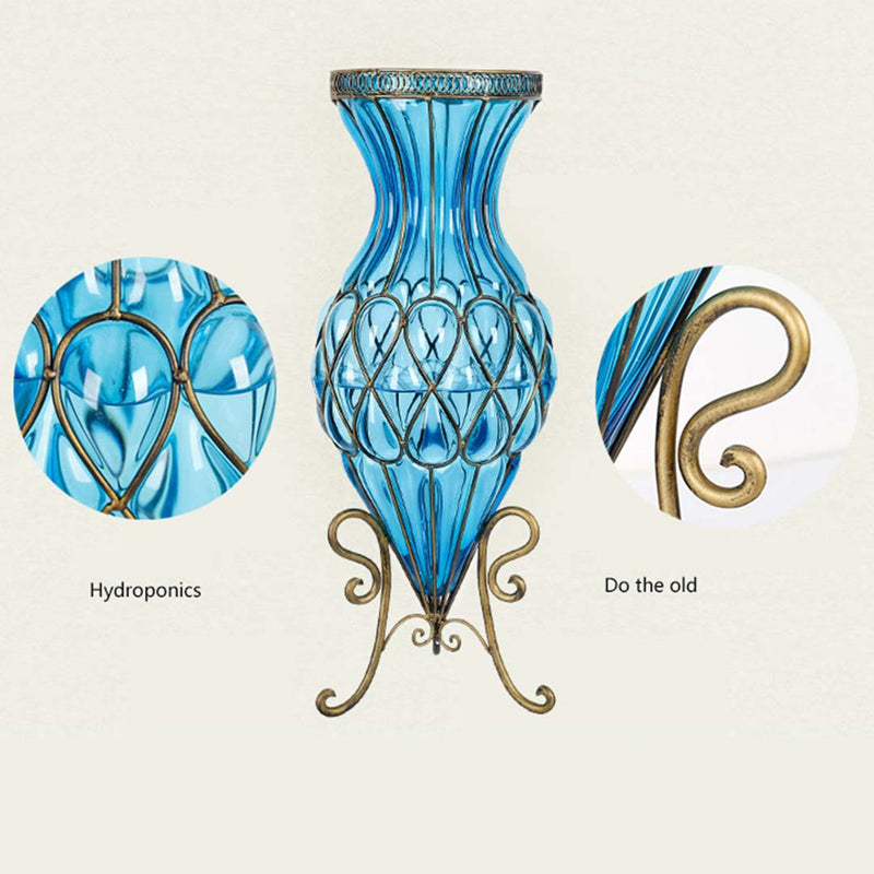67cm Blue Glass Tall Floor Vase Gold Metal Accents 12pcs White Silk Flowers