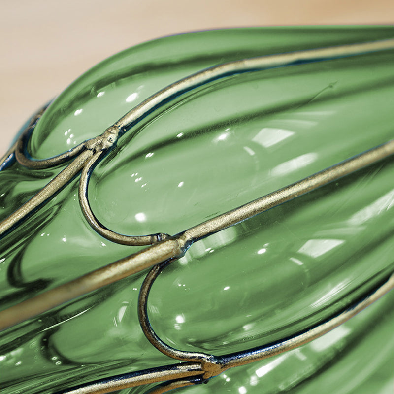Green Glass Flower Vase Solid Base Two Gold Metal Handles 20x13x47cm