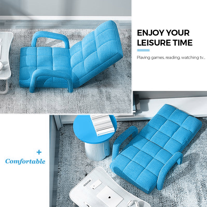 Foldable Floor Recliner Chair Adjustable 5 Angles with Armrest Blue Linen Fabric