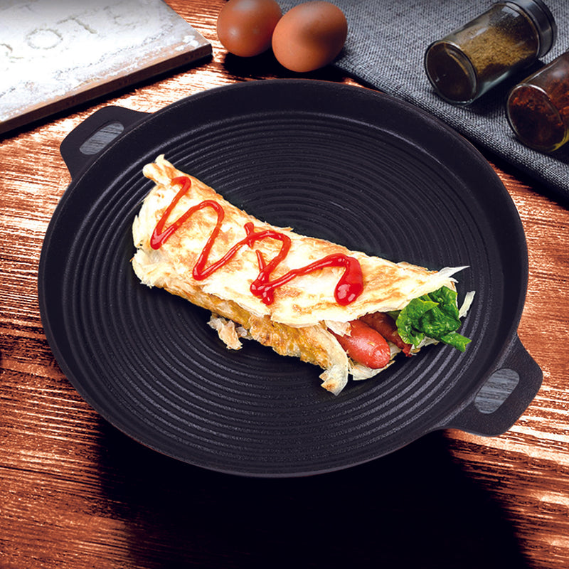 2X 35cm Round Ribbed Cast Iron Frying Pan Skillet With Handle Pre-Seasoned