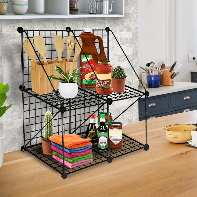 Black Portable 4 Cube 2 Tier Foldable Storage Organizer Wire Mesh Iron Shelf
