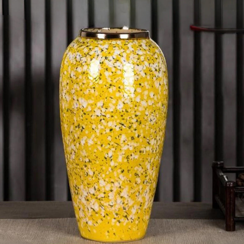 Large Ceramic Flower Vase Yellow with White Floral Design Elegant Home Decor