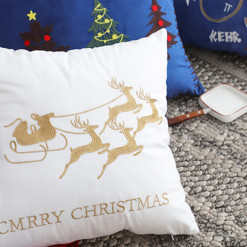 45cm White Square Throw Pillow Golden Sleigh Design Soft Plush Holiday Decor