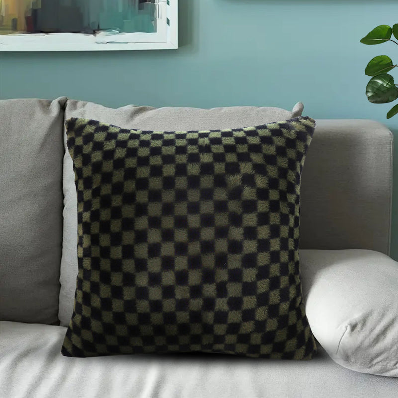 2X Velvet Square Throw Pillow 45cm Dark Green Checkered Soft Sofa Cushion