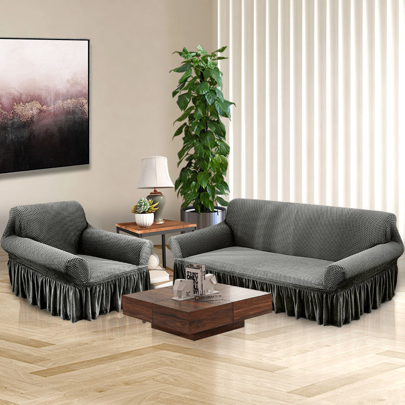 1-Seater Grey Sofa Cover With Ruffled Skirt High Stretch Couch Protector