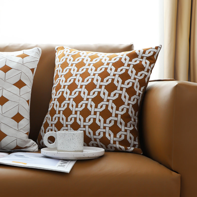2X 45cm Brown Checkered Chain Jacquard Polyester Square Throw Pillow