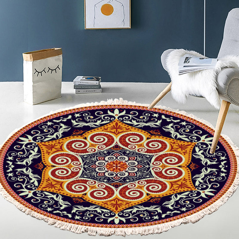 90cm Round Mandala Print Polyester Area Rug Anti Slip Backing Home Decor