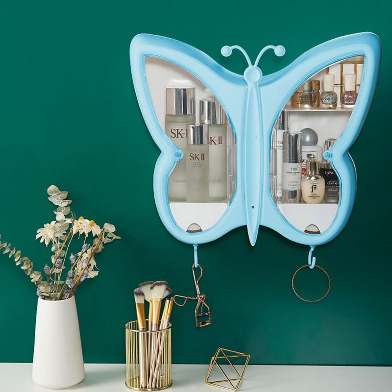 2X Blue Butterfly Wall Mounted Plastic Makeup Organizer Waterproof Dustproof