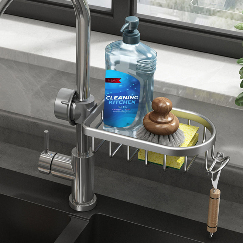 Kitchen Sink Faucet Sponge Caddy Aluminum Storage Rack Dark Grey 28.5x12x8cm