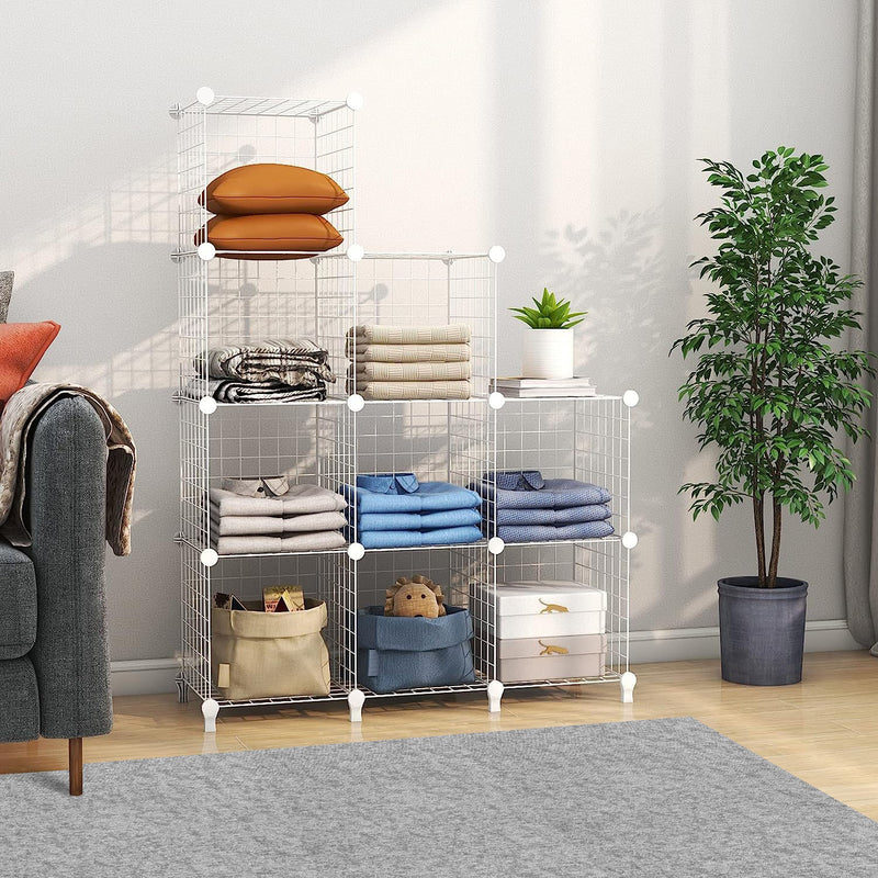 White 9 Cube 3 Column Iron Wire Mesh Storage Organiser 110.5x37x149cm Foldable