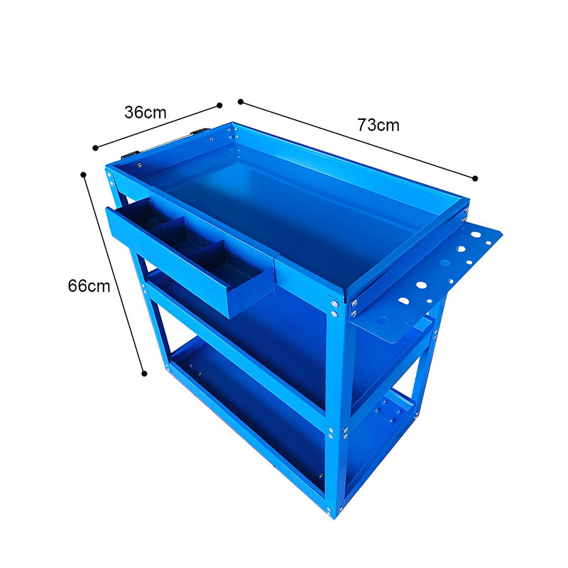2X 3 Tier Tool Storage Cart Cold Rolled Steel 33kg Capacity Blue 66x36x73cm