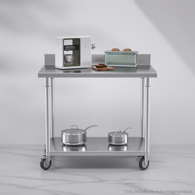 Stainless Steel Catering Prep Table 100cm With Backsplash Caster Wheels