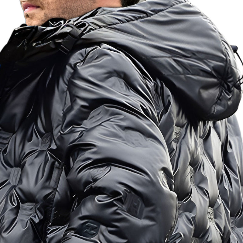 3XL Hooded Long Down Puffer Coat Black Quilted Polyester Elastane