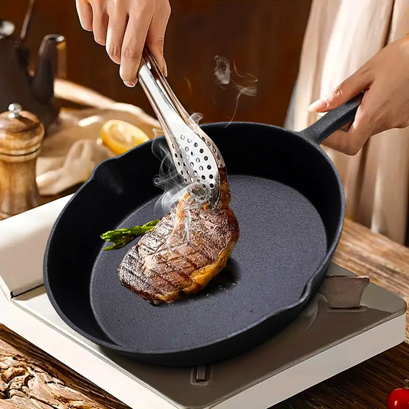 26cm Round Cast Iron Skillet Pan Sizzle Platter Non-stick With Handle