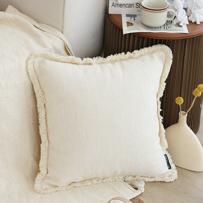 2X White Chenille Textured Throw Pillow 45cm Square with Tassels Home Decor
