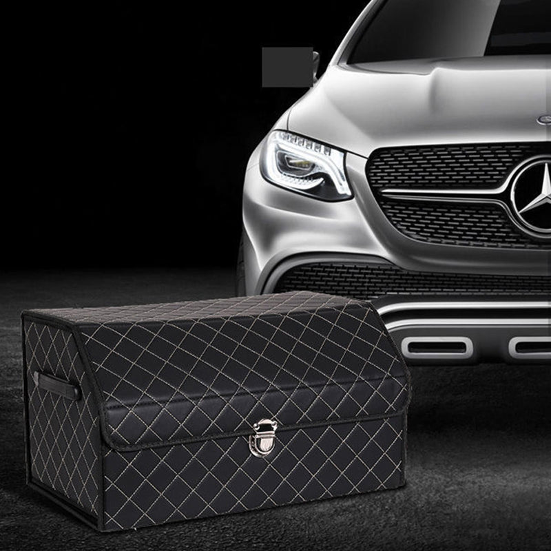 Leather Car Boot Organizer Medium 53x31x29cm Collapsible Lock Black White Stitch