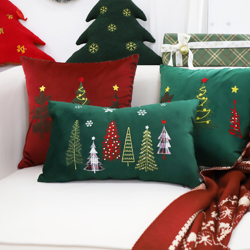 2X Green Embroidered Christmas Forest Throw Pillow 30cm Lumbar Holiday Decor