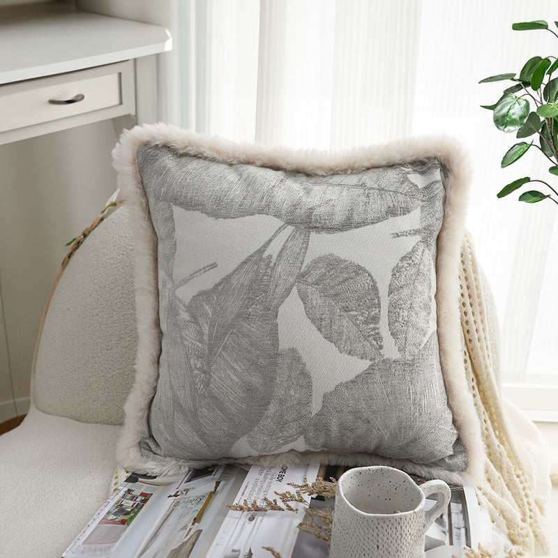 2X 45x45cm Velvet Square Throw Pillow Silver Embroidered Leaf 15cm Thick