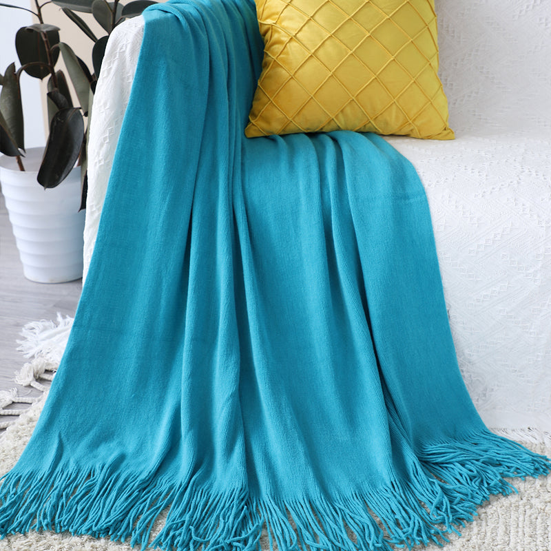 Blue 100% Acrylic Knitted Throw Blanket 130cmx220cm Fringed Cozy