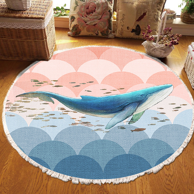120cm Round Polyester Area Rug Shark Print Tassels Multicolor Non Slip Backing