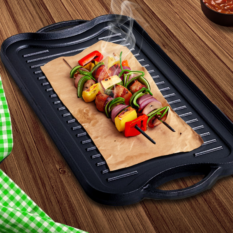 Cast Iron Ridged Griddle Pan 50.8cm Non Stick BBQ Stovetop Outdoor Cooking
