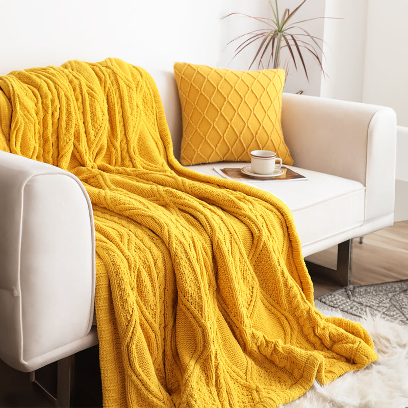 2X 200X230cm Chenille Fleece Throw Blanket Two Sided Knitted Suede Yellow White