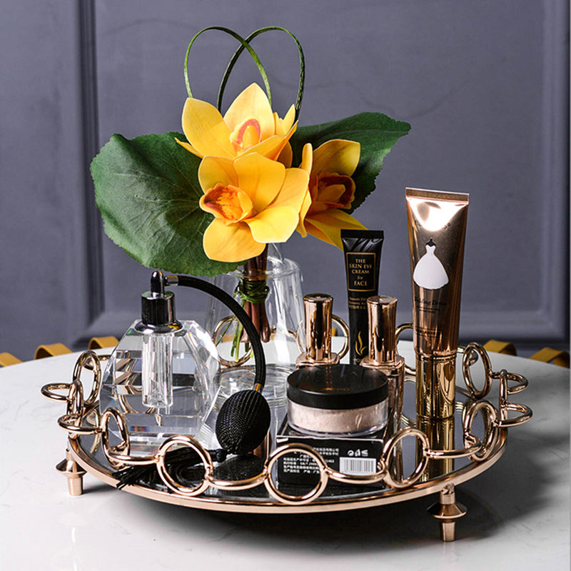 33cm Bronze Round Vanity Tray Glass Mirror Metal Wireframe Handles