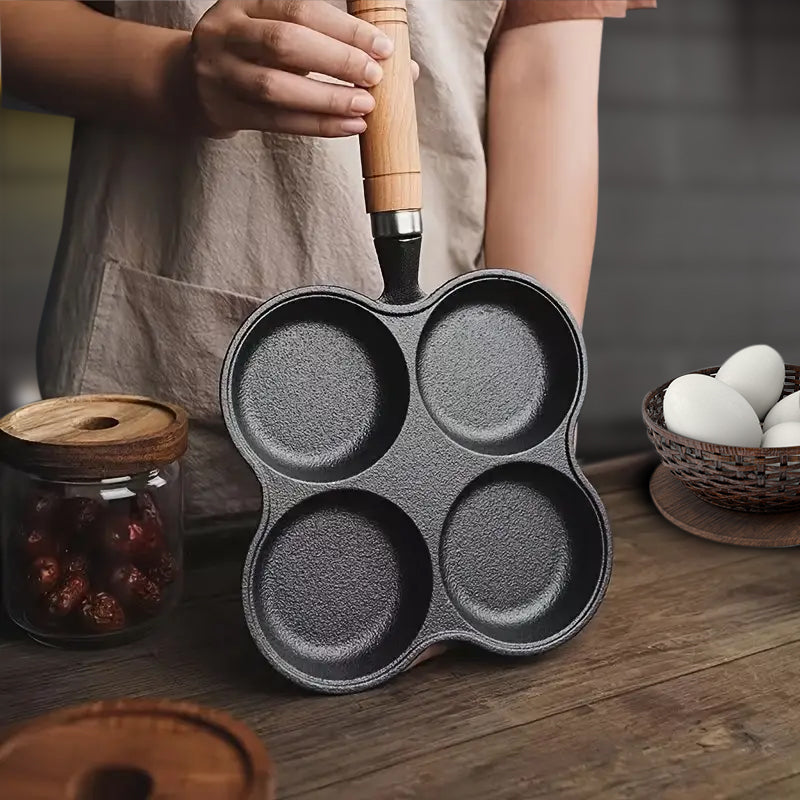 Cast Iron 4 Mold Breakfast Pan Nonstick 22cm for Omelet Pancake with Wood Handle
