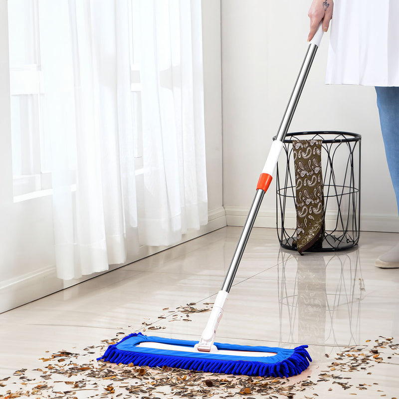 Flat Mop Microfiber Pads 80x12cm 150cm Handle Stainless Steel Blue 6 Pieces