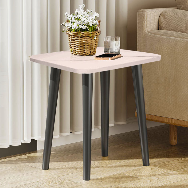 2X Compact White Ceramic Side Table 40cm Stone Pattern Black Metal Legs