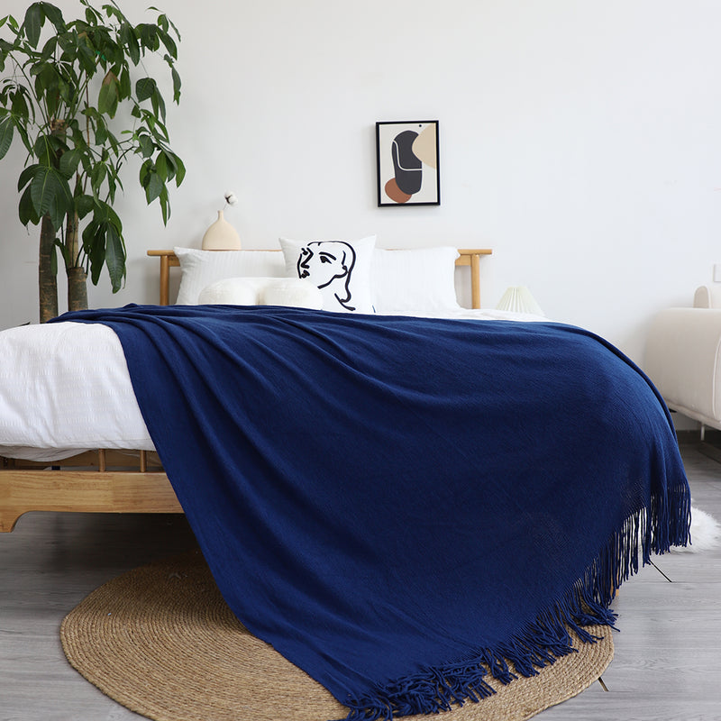 2X Acrylic Knitted Throw Blanket 130cmx220cm Fringed Cozy Royal Blue