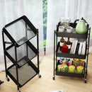 3 Tier Black Foldable Kitchen Cart Carbon Steel Storage Organizer With Wheels