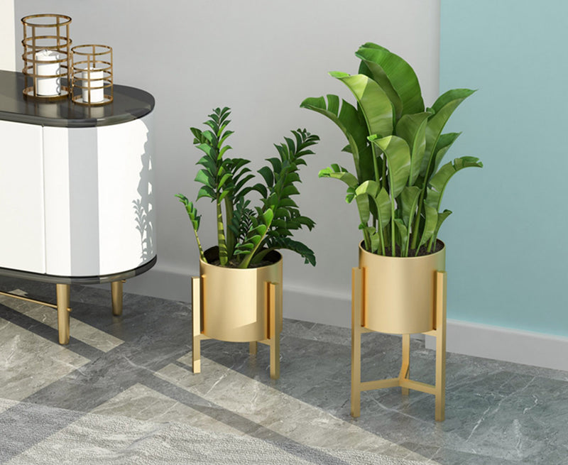 4X Gold Metal Plant Stand Set 30cm Tall 20cm Enamel Pots Corner