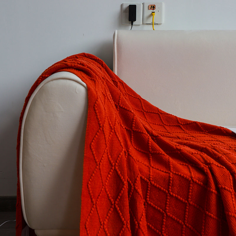 2X Red Knitted Acrylic Throw Blanket Jacquard Diamond Pattern Tassels