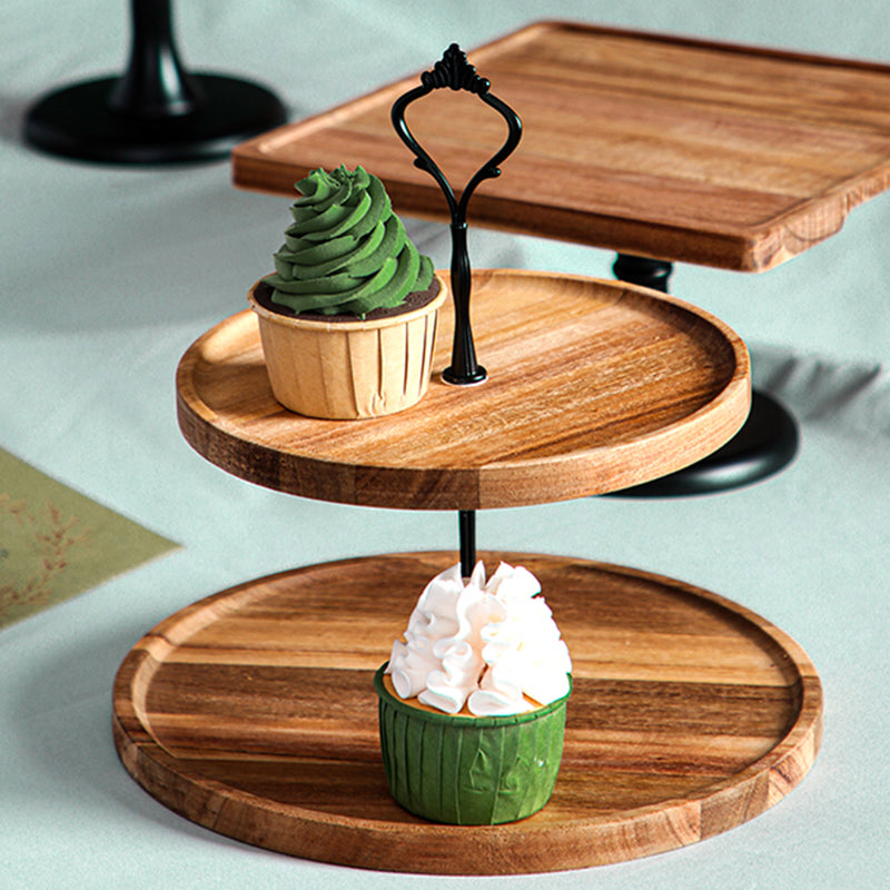 2X 15cm 2 Tier Round Acacia Wood Dessert Stand Brown Metal Handle