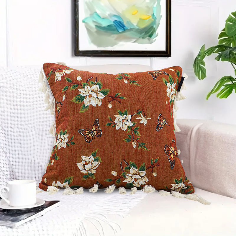 2X Velvet Throw Pillow Cushion 45x45cm 15cm Caramel Butterfly Flower Tassel