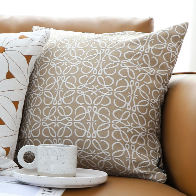 Throw Pillow Polyester Cotton 50x50x18cm Plush Filled White Beige Geometric